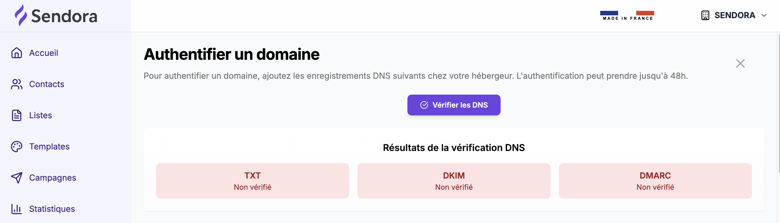 DNS verification results in Sendora